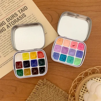 12 Renkler Mini El Paketlenmiş Makaron Suluboya Boya Seti Demir kutu Metalik Glitter Suluboya Resim Taşınabilir Sanat Malzemeleri
